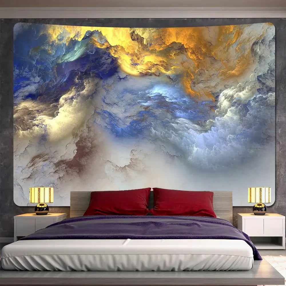 Bohob red and gold vibrant abstract cloud home tapestry with swirling blues hanging above a bed for decorbites cloud home decor