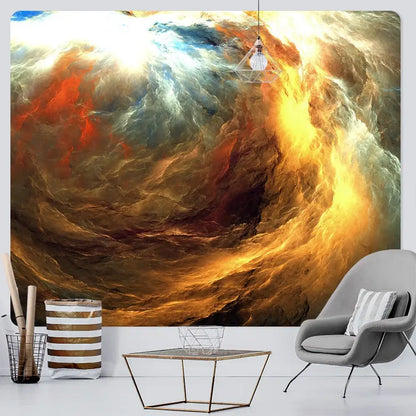 A decorbites cloud home tapestry featuring a vibrant red gold and deep blue abstract cosmic mural for bedroom decor