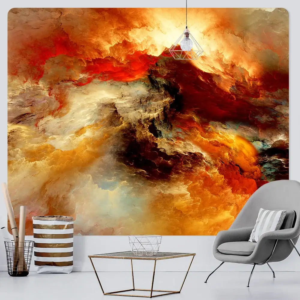 Vibrant boho red and gold cloud home tapestry with swirling abstract clouds by decorbites for bedroom wall decor