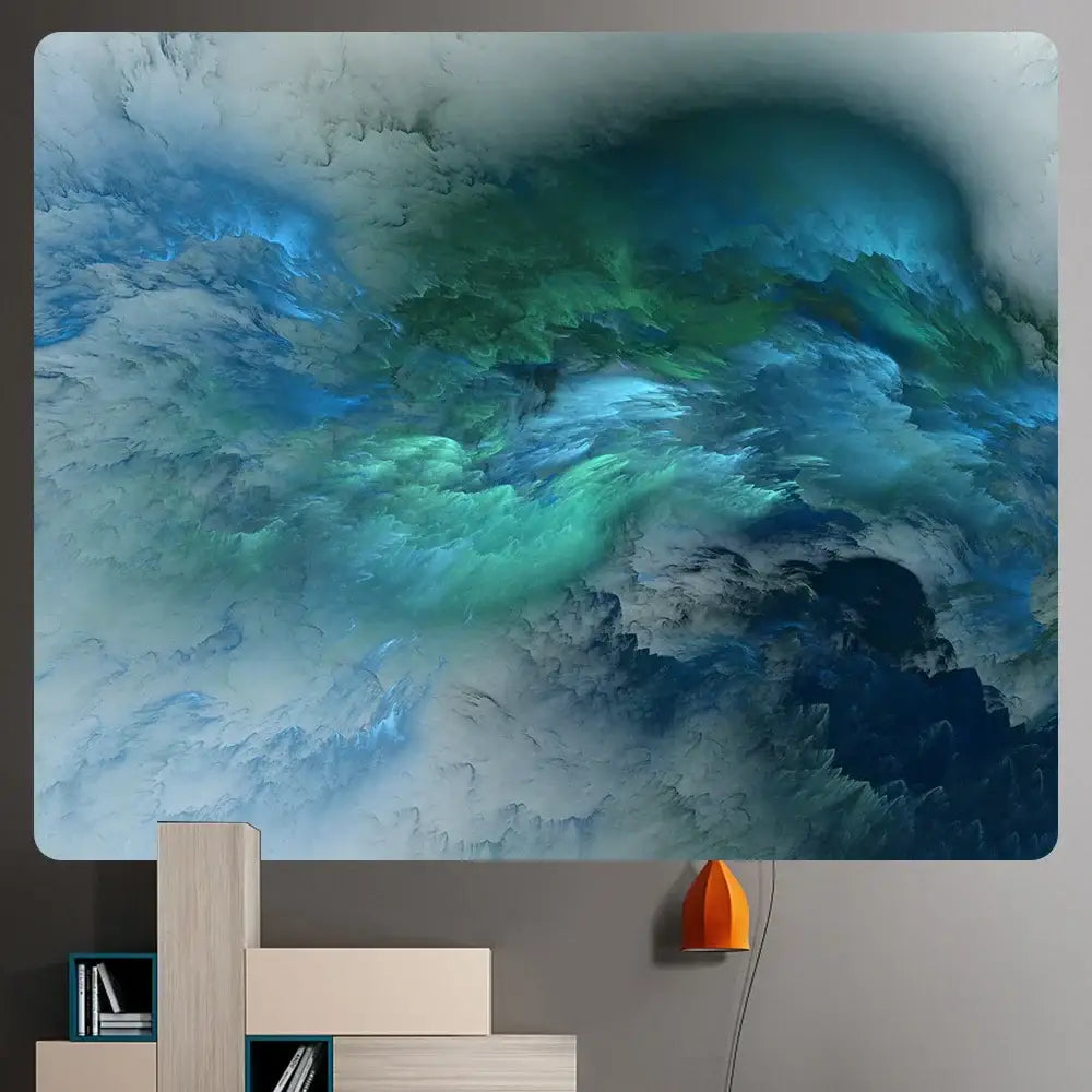 Boho red and gold cloud home tapestry featuring a vibrant abstract blue, green, and white swirling design by decorbites cloud home