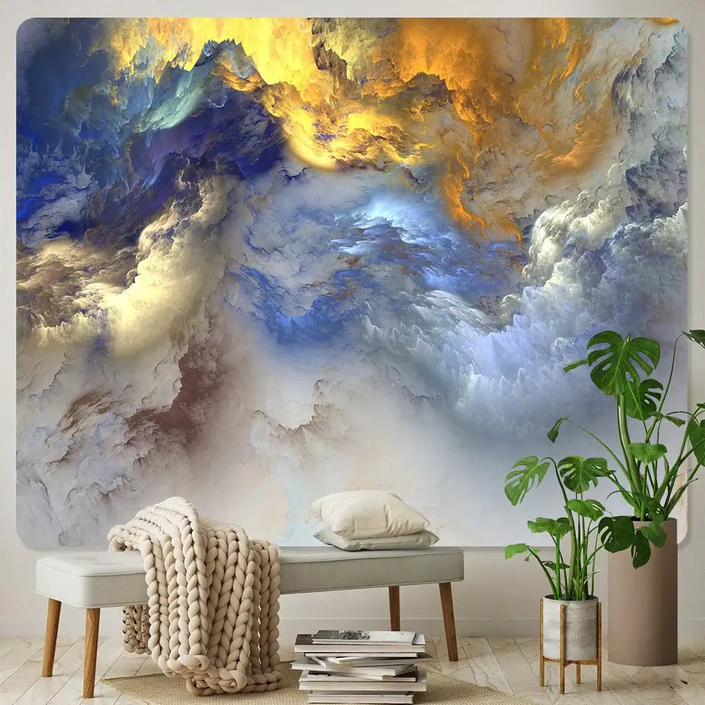 Boho red and gold cloud home tapestry with vibrant swirling hues of gold, blue, and white for decorbites cloud home decor