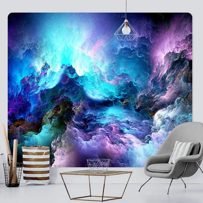 Vibrant boho red and gold cloud home tapestry with swirling blues and teals and metallic wireframe pendant light decorbites cloud home