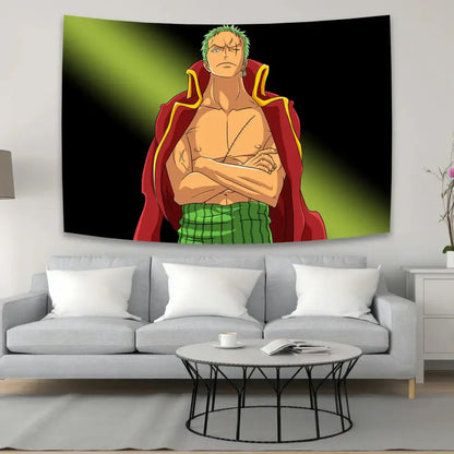 Boho red and white one piece character canvas tapestry featuring green hair anime character with cloak and plaid skirt decorbites anime