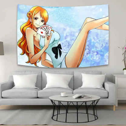 Vibrant orange-haired woman in light blue dress holding cards on sparkling background boho red and white piece character canvas tapestry decorbites anime