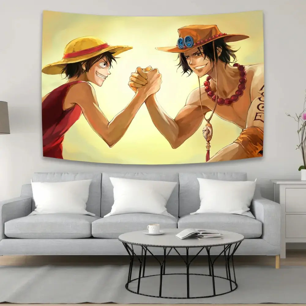 Boho red and white one piece character canvas tapestry with yellow and orange anime hand-wrestling character decorbites anime
