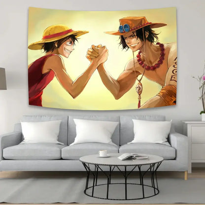 Boho red and white one piece character canvas tapestry with yellow and orange anime hand-wrestling character decorbites anime