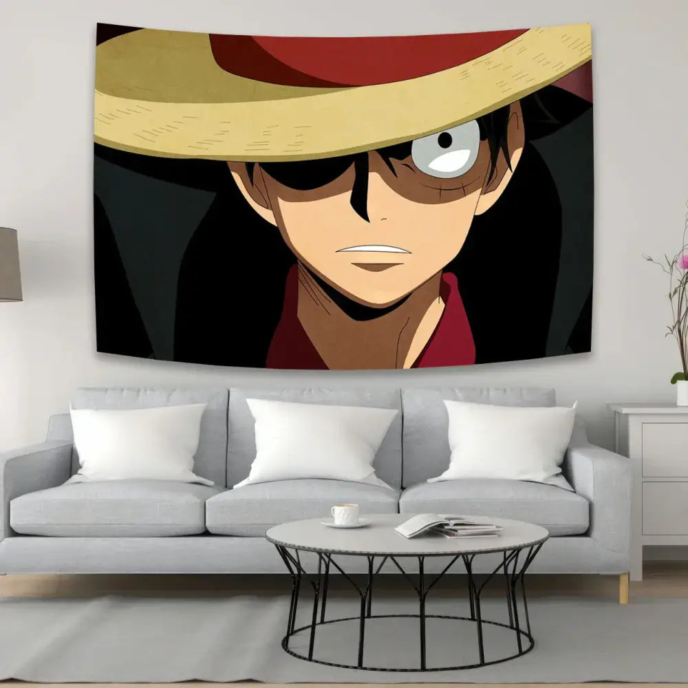 A vibrant boho red and white one piece character canvas tapestry featuring monkey d close-up for bedroom decorbites anime decor