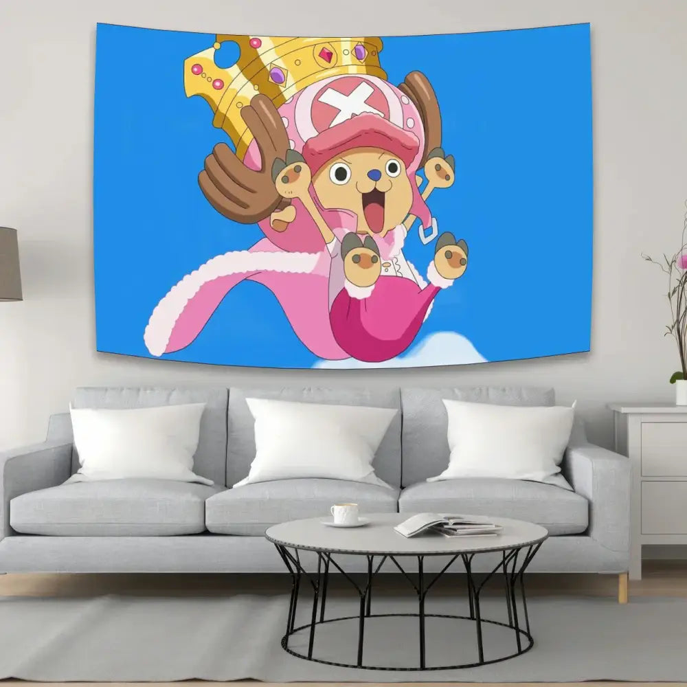 A vibrant blue piece character canvas tapestry featuring chopper in pink outfit holding a golden crown for bedroom decorbites anime