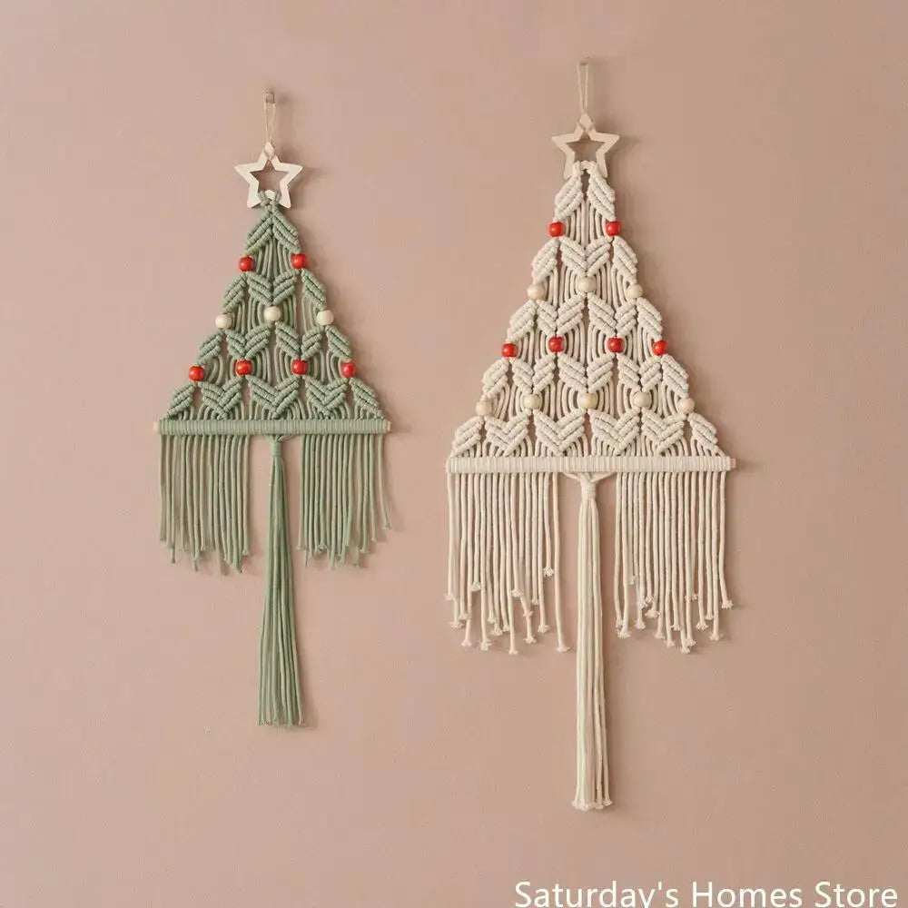 Two boho christmas tree macrame wall hangings in sage green and cream with beads and tassels for decorbites boho christmas decor