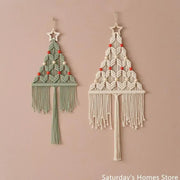 Two boho christmas tree macrame wall hangings in sage green and cream with beads and tassels for decorbites boho christmas decor