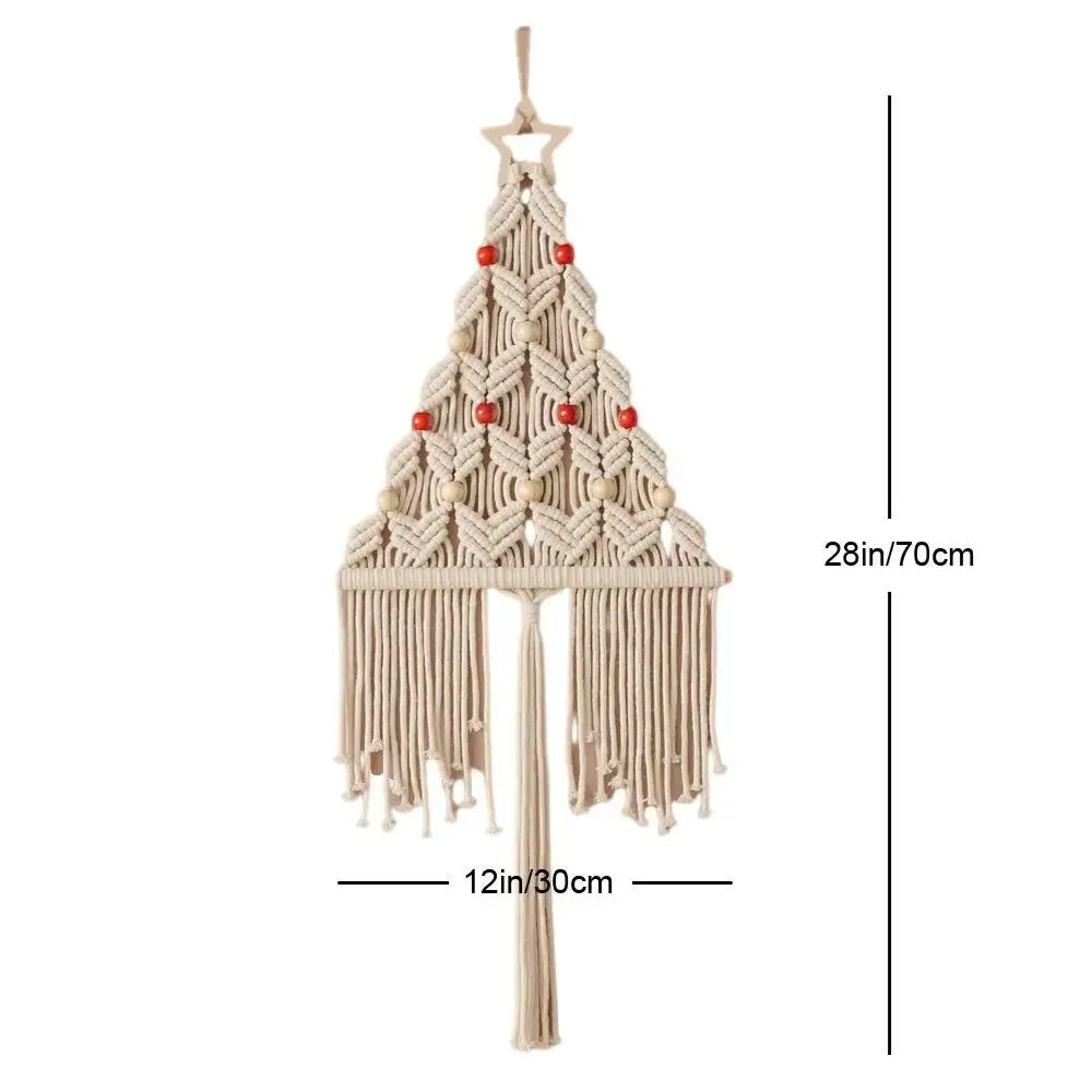 Beige macrame christmas tree wall hanging with red and cream beads wooden star top and fringe tassels for boho christmas decorbites boho christmas tree