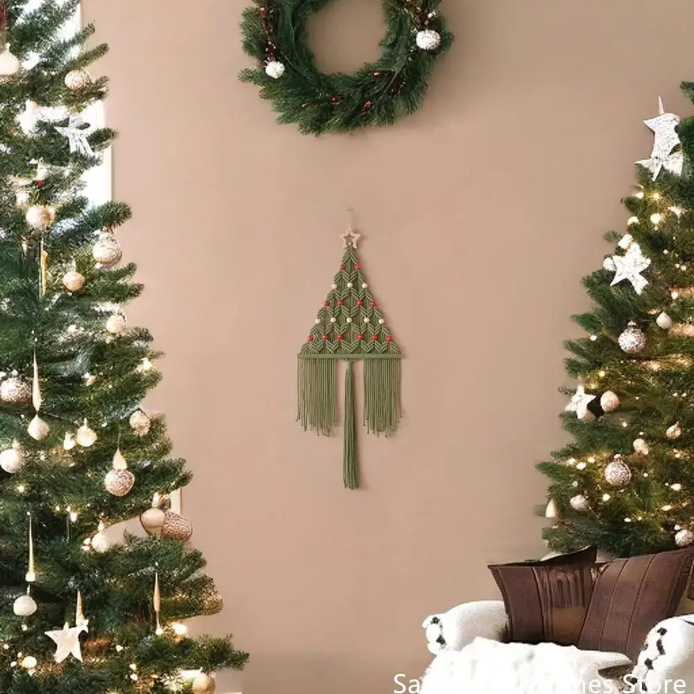 Boho sage green macrame christmas tree wall hanging with red and white bead accents decorbites boho christmas decor