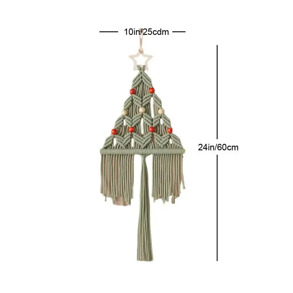 Boho sage green and cream macrame christmas tree wall hanging with red beads and star top for decorbites boho christmas decor