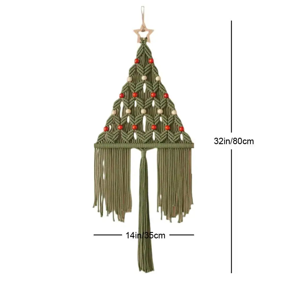 Olive green macrame christmas tree wall hanging with red and cream beads and wooden star topper decorbites boho christmas