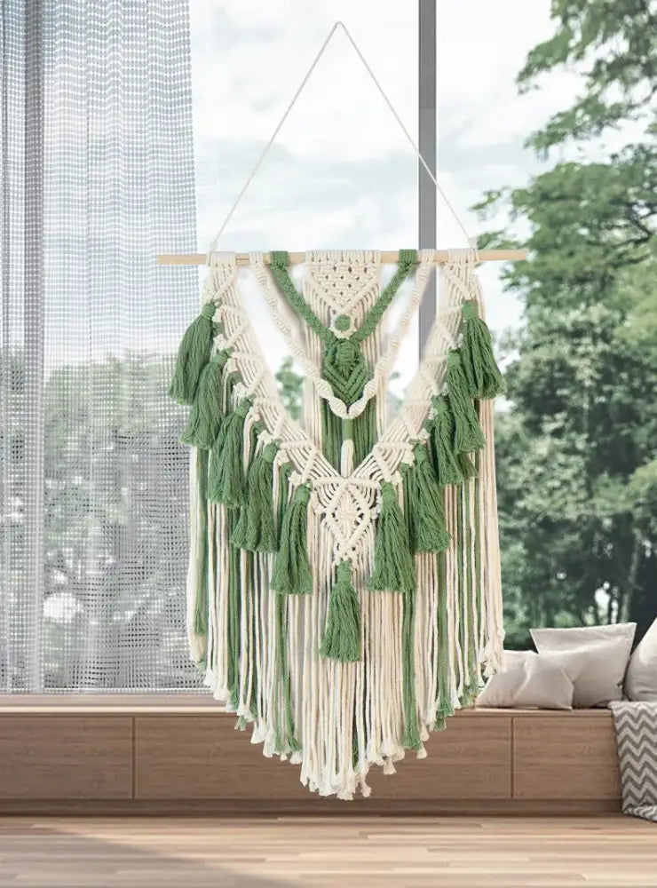 Cream and sage green macrame tassel stick wall hanging with tassels for boho bedroom art decor