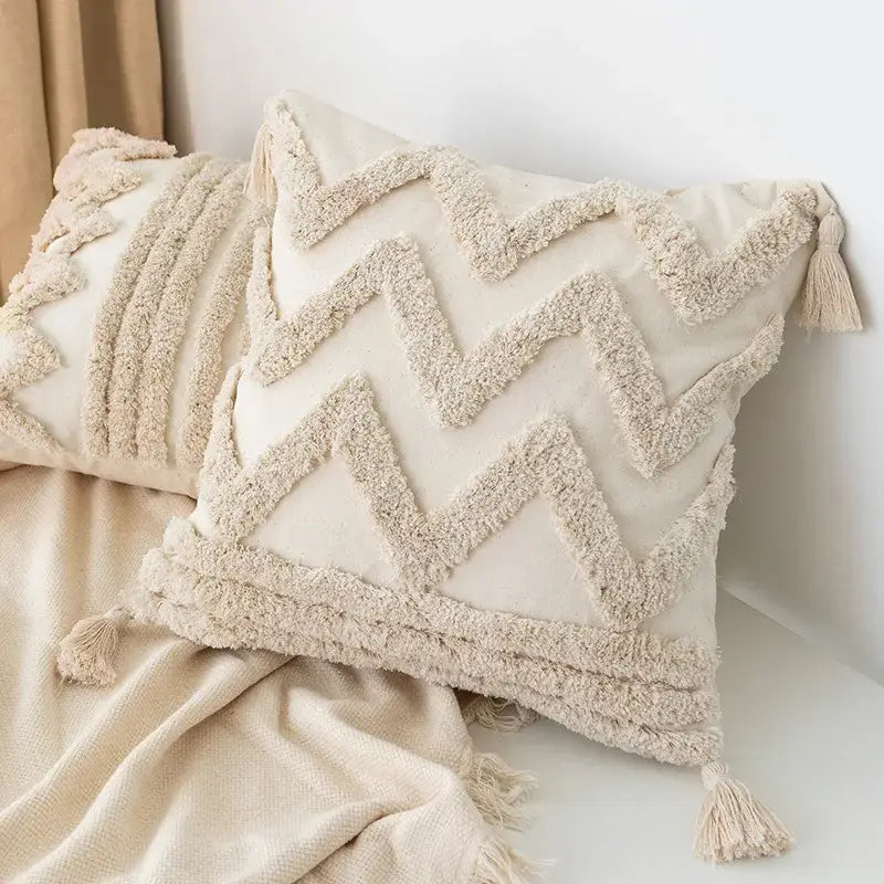 Decorbites boho square pillowcase cream color with textured white zigzag pattern and teal tassels for living room decor