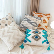 Cozy decorbites boho square pillowcase in white with textured zigzag pattern and teal tassels for living room decor
