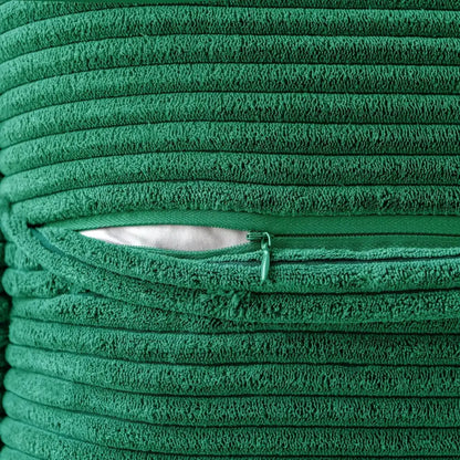 Deep green corduroy boho striped pillow cover with visible zipper pull for living room decor use