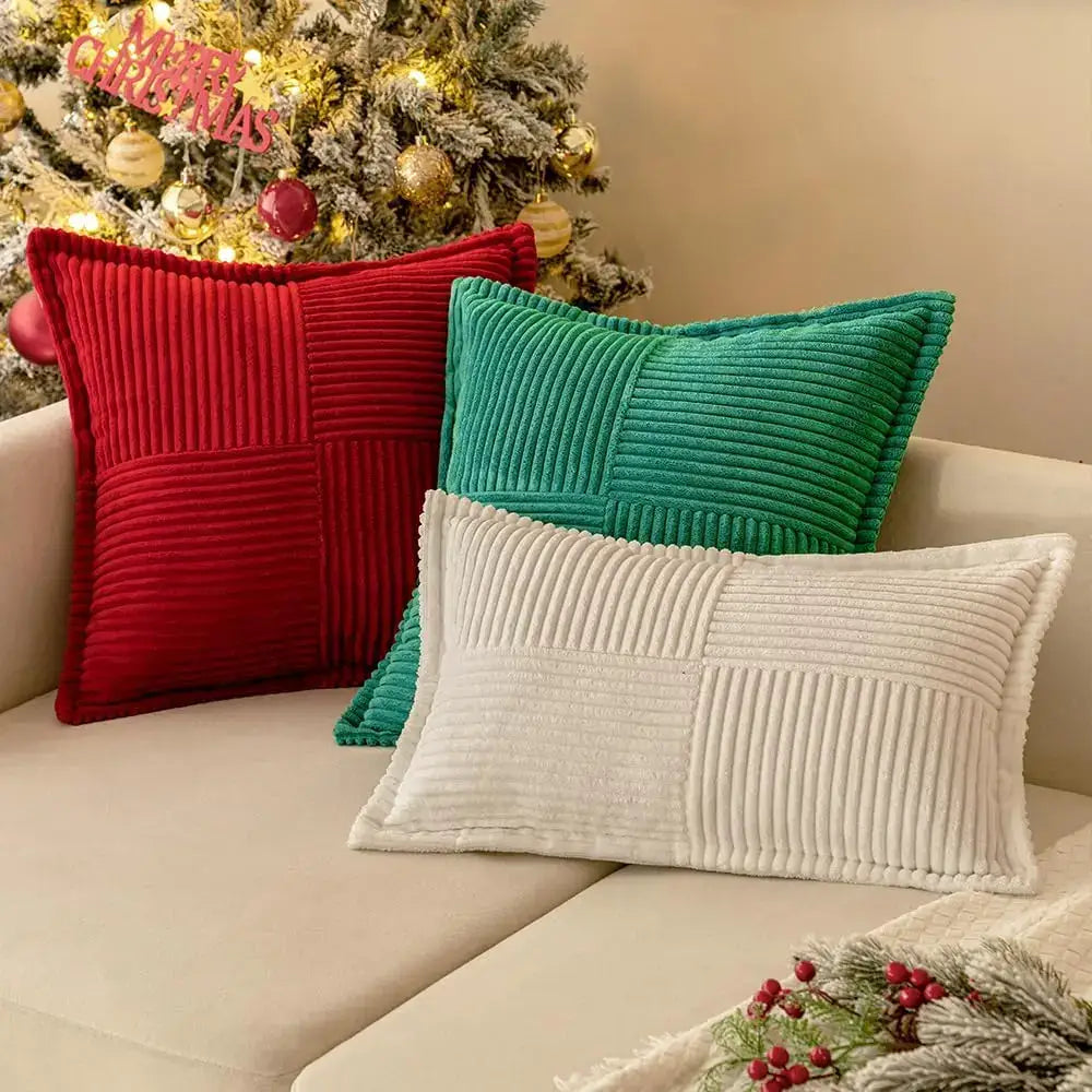 Three festive corduroy throw pillows in red teal and cream with patchwork design for boho striped pillow covers decor