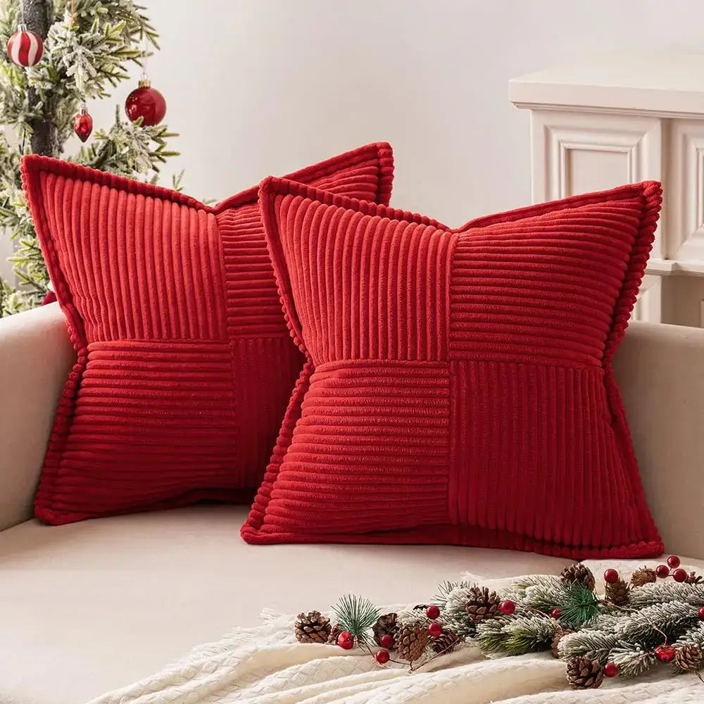 Red corduroy throw pillow covers with quilted patchwork design complement boho striped pillow decor