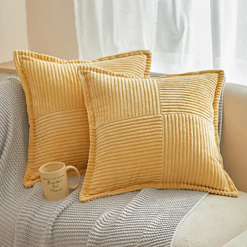 Yellow corduroy throw pillows with patchwork design complement boho striped emerald green corduroy pillow covers living room decor