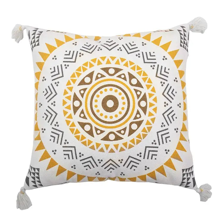 White boho style cotton pillow cover with mustard and gray geometric mandala design and tassels for living room decorbites