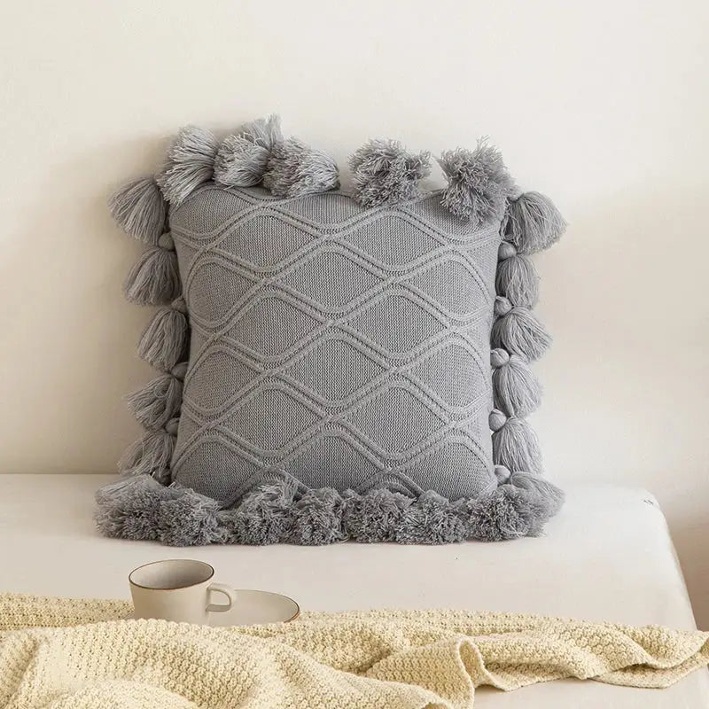 Gray knitted throw pillow with diamond texture and tassels for decorbites boho style ivory cushion cover use