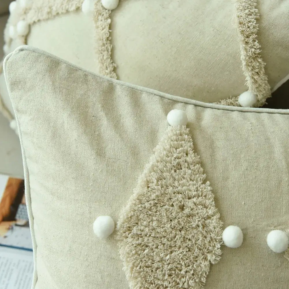Beige linen cushion cover with textured diamond appliqué and white pom poms for decorbites boho style ivory decor