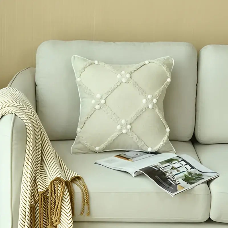 Beige cushion cover with cream lace and pearl embellishments in decorbites boho style ivory pom pom living room decor