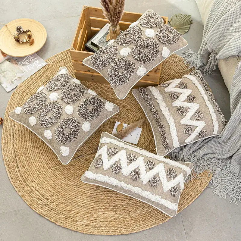 Set of four beige and white boho style tufted cushion covers with chunky knit patterns for living room decorbites decor