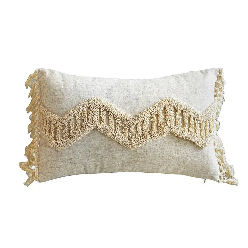 Cream-colored cotton cushion cover with textured wavy knit band and fringed edges boho style tufted decorbites design