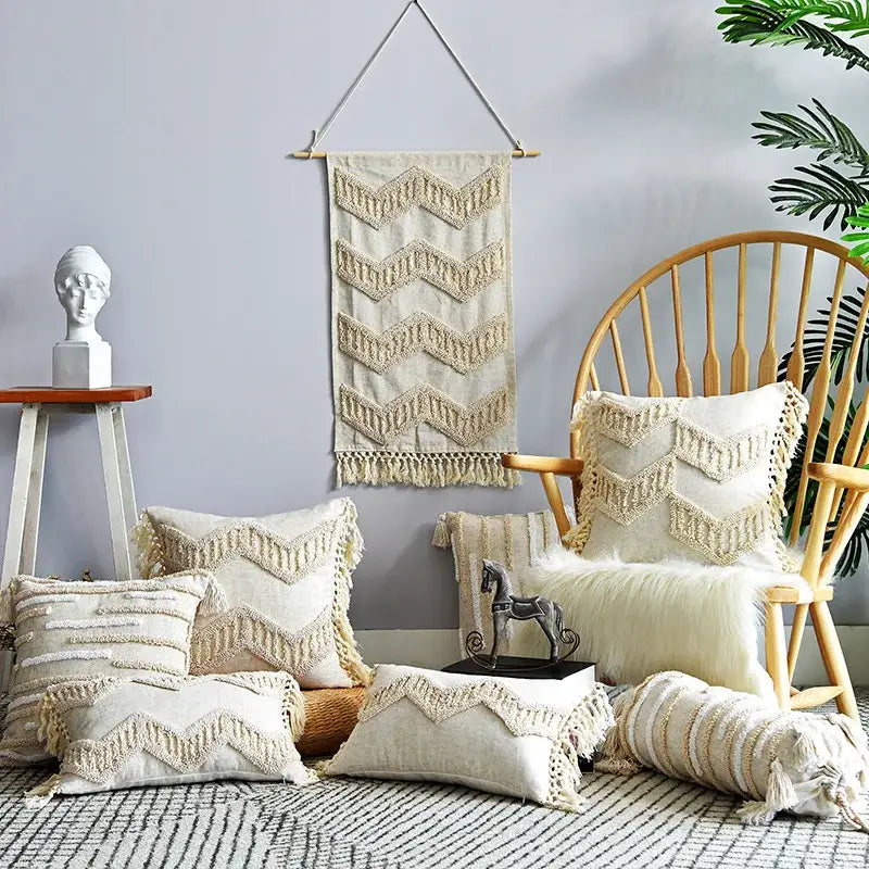 Beige woven boho style tufted cream cotton cushion cover with zigzag texture and tassel trim for living room decorbites