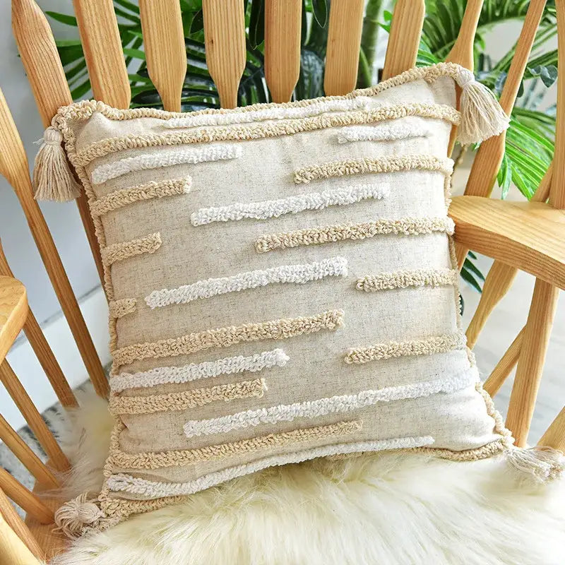 Beige linen boho style tufted cushion cover with cream textured stripes and tassels for living room sofa decorbites