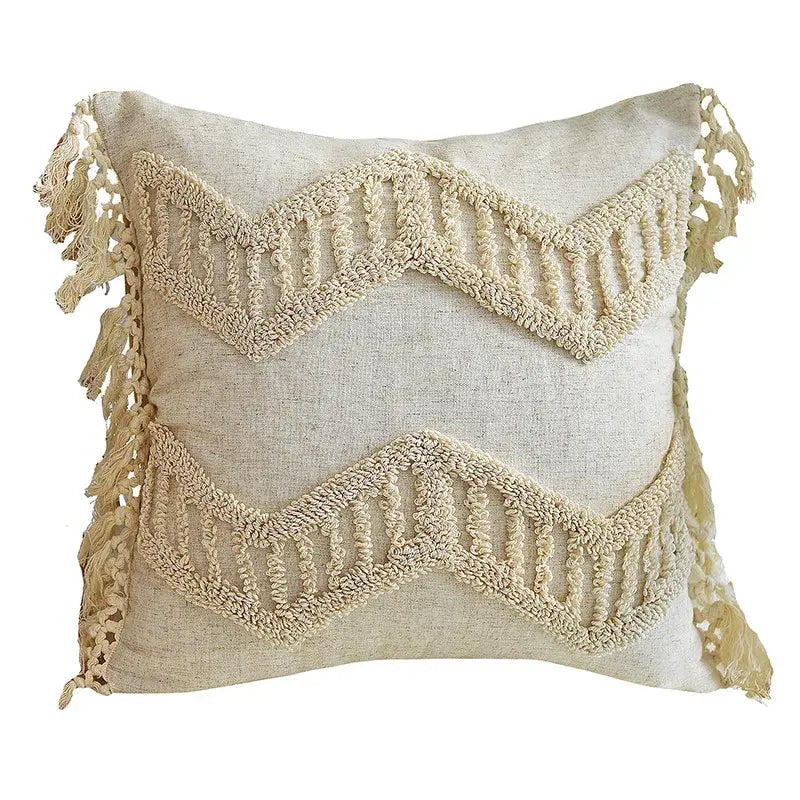 Beige linen cushion cover with textured macramé waves and tassels boho style tufted decorbites living room decor