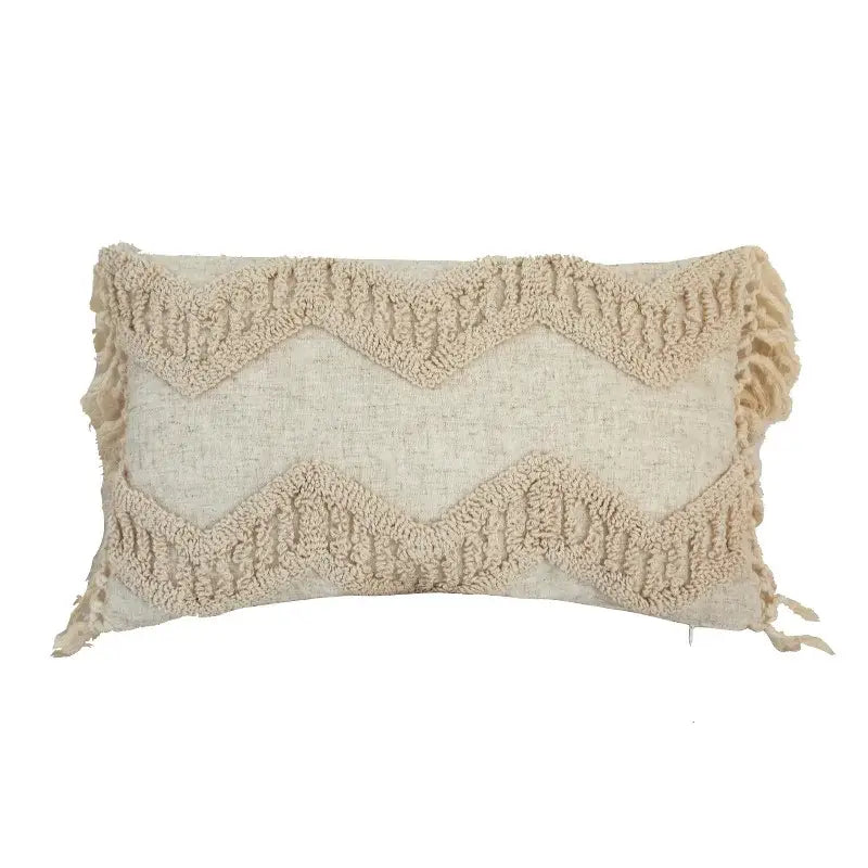 Beige boho style tufted cushion cover with textured wavy fringe in natural fiber weave for living room decorbites