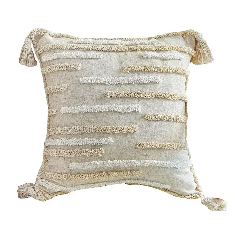Beige and cream boho style tufted cotton cushion cover with woven stripes and tassels for living room sofa decorbites