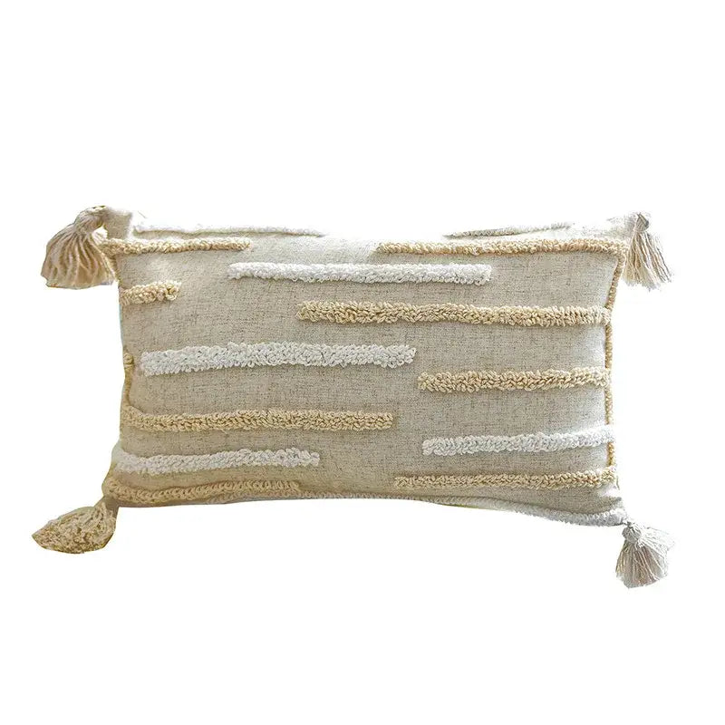 Beige and cream boho style tufted cotton cushion cover with woven stripes and tassels for living room sofa decorbites