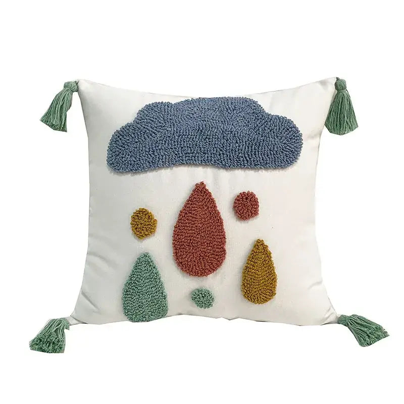 White throw pillow with colorful punch needle embroidery of cloud and raindrops and sage tassels embroidered decorative pillowcases 45x45