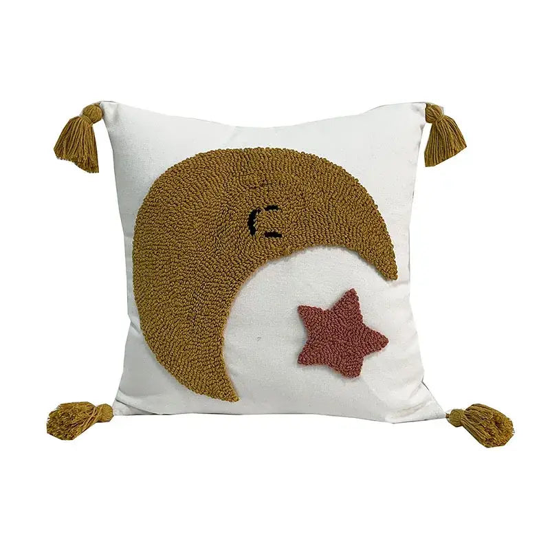 White embroidered decorative pillowcases 45x45 featuring a textured mustard crescent moon and rust star with tassels