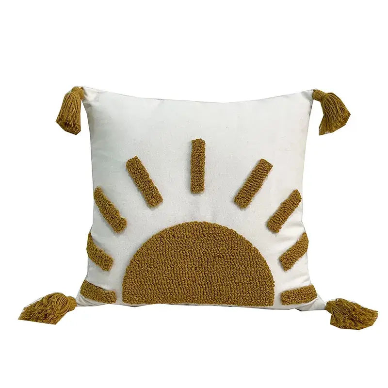 White cushion with mustard-yellow sun embroidered decorative pillowcases 45x45 featuring textured yarn and tassels