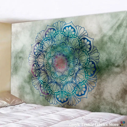 A vibrant teal and blue boho sun moon mandala tapestry with floral patterns for bedroom decor by decorbites boho sun