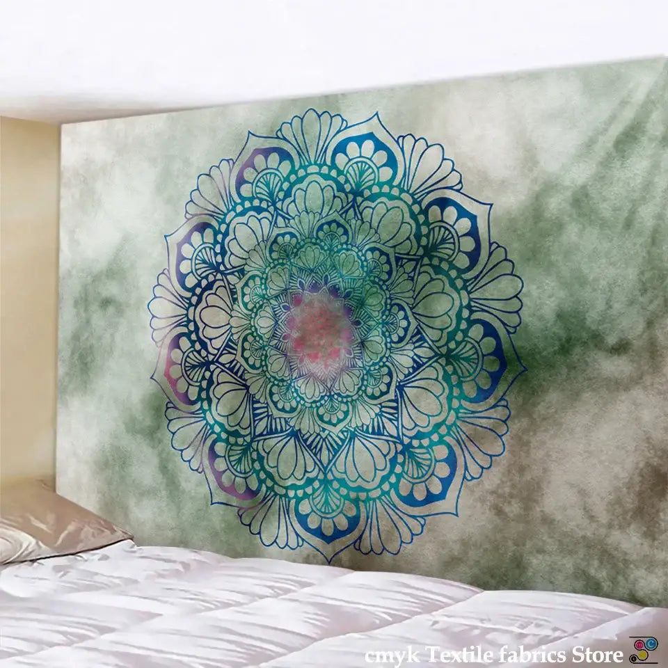 A vibrant teal and blue boho sun moon mandala tapestry with floral patterns for bedroom decor by decorbites boho sun