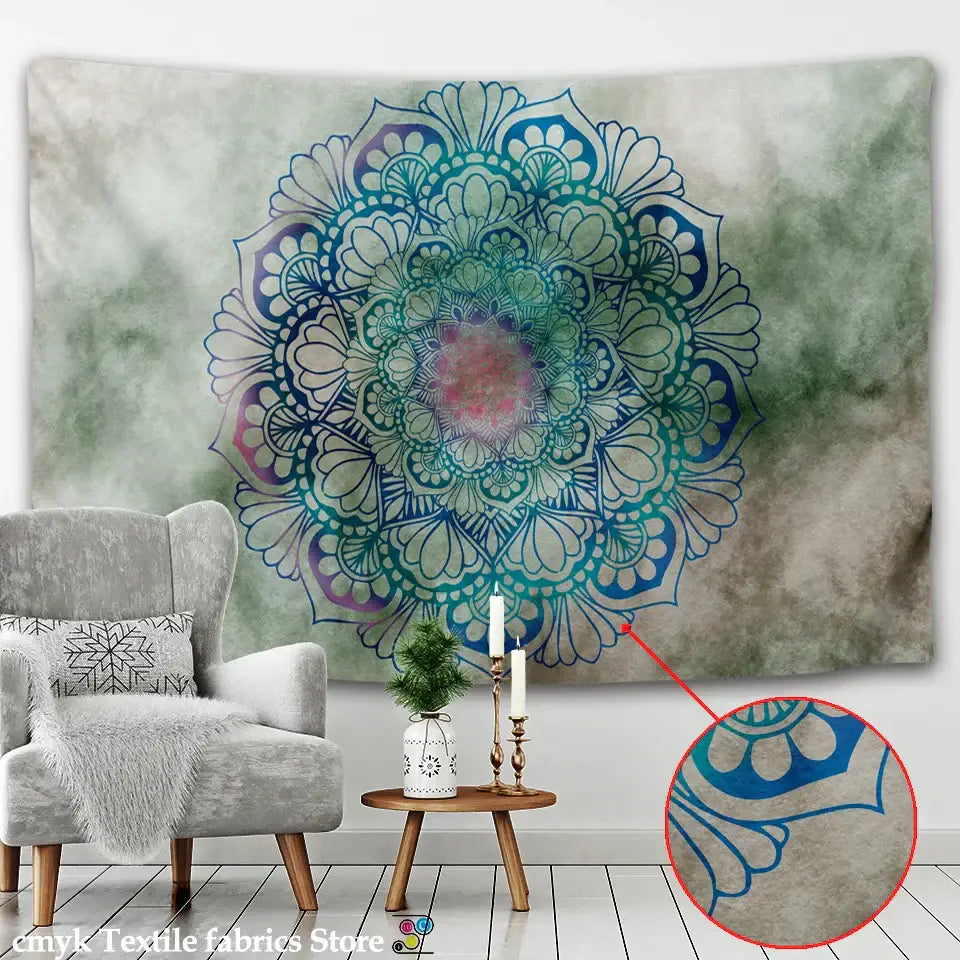 Decorbites boho sun moon mandala tapestry with vibrant blue and teal floral patterns on muted green background for decor