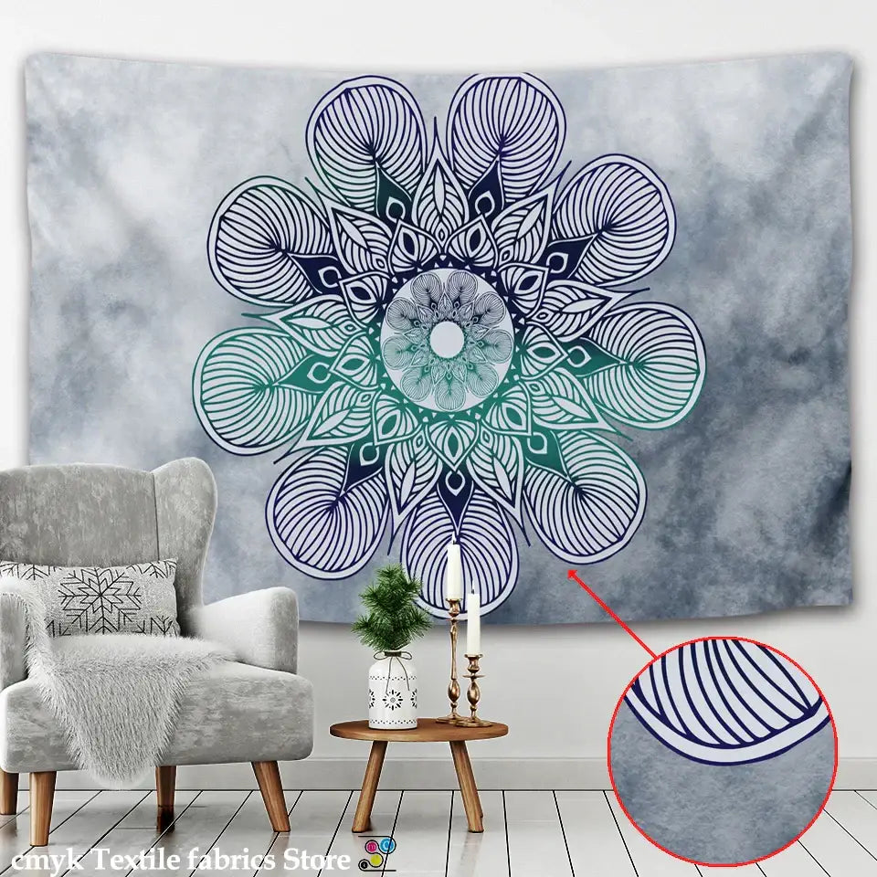 A gray textured wall hanging featuring a detailed boho sun moon mandala with blue and green gradient accents for decorbites boho sun decor