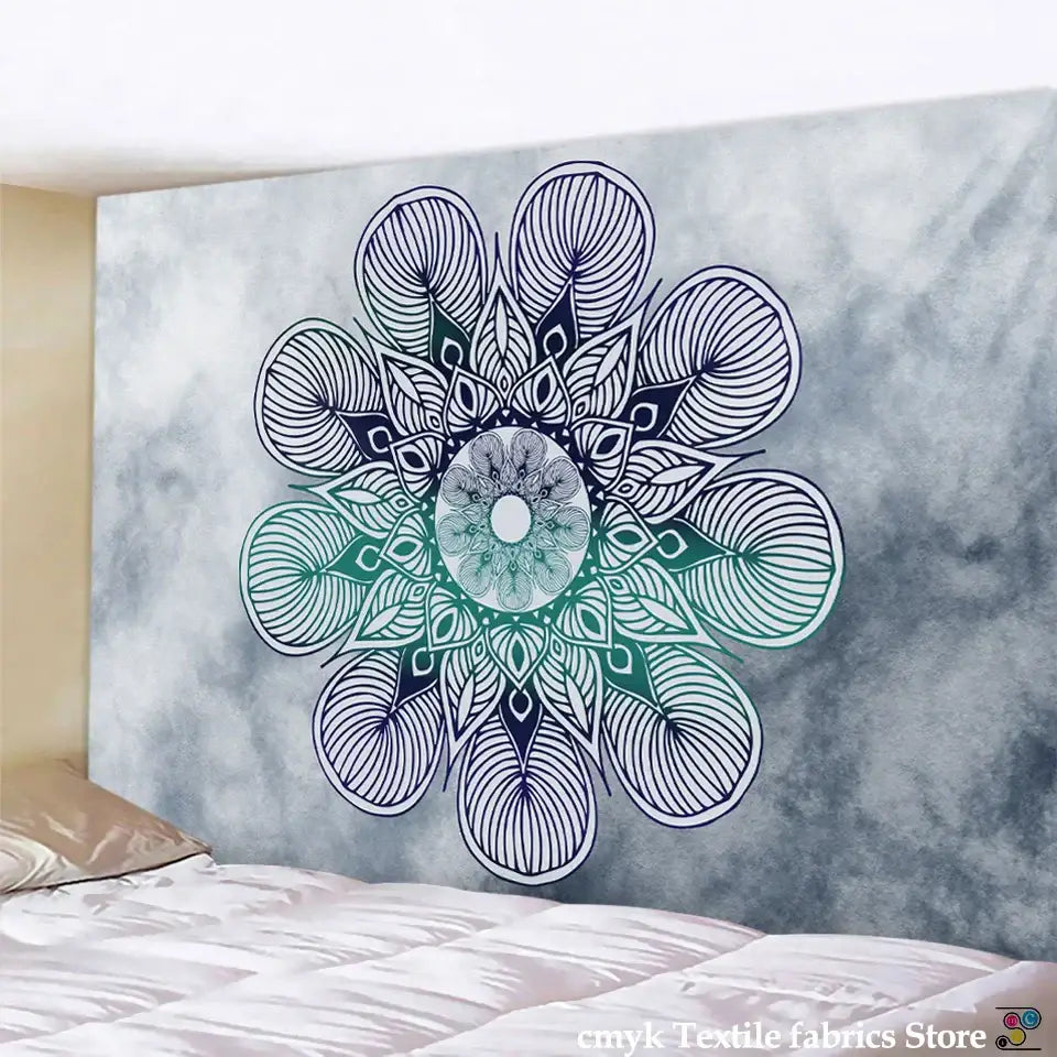 Decorbites boho sun moon tapestry with intricate black white teal mandala on textured gray for bedroom decor