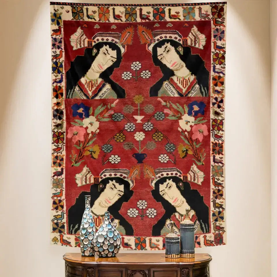 Vibrant red and gold decorbites boho tapestry set featuring four stylized female figures with floral patterns for bedroom decor
