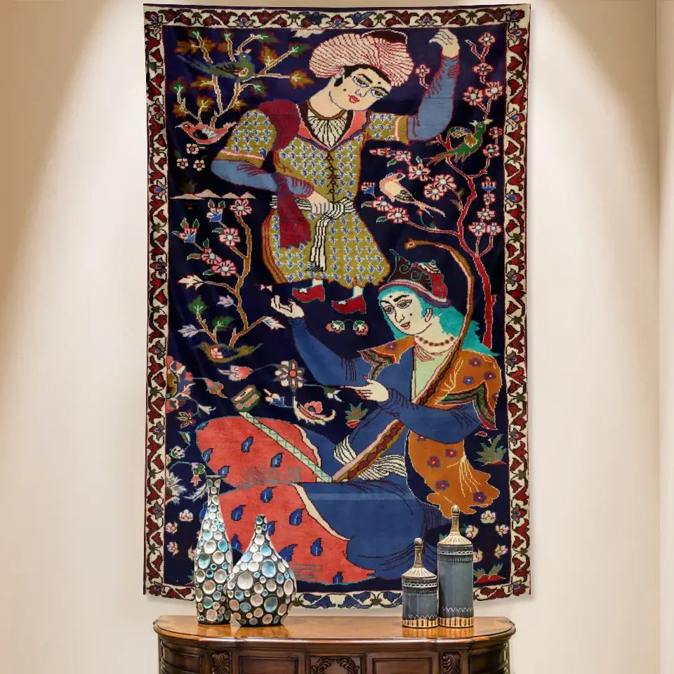 Dark blue embroidered boho tapestry set with traditional figures and blossoming trees for bedroom decorbites tapestry set