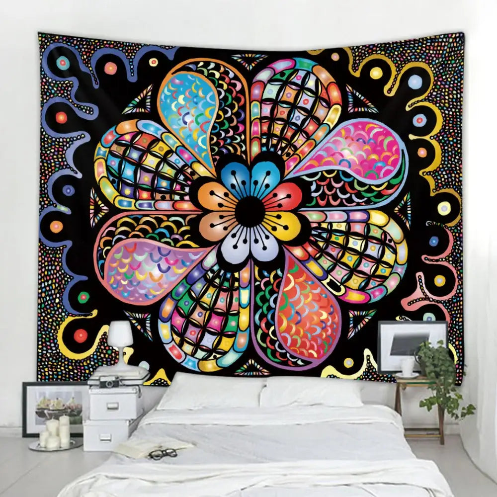 Vibrant psychedelic floral decorbites boho tapestry set in red and gold with intricate patterns on black background