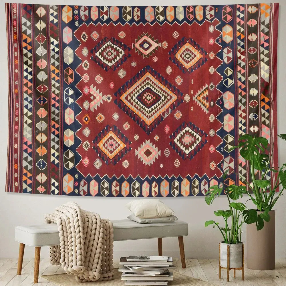 A vibrant red and gold decorbites boho tapestry set featuring intricate geometric patterns ideal for bedroom decor