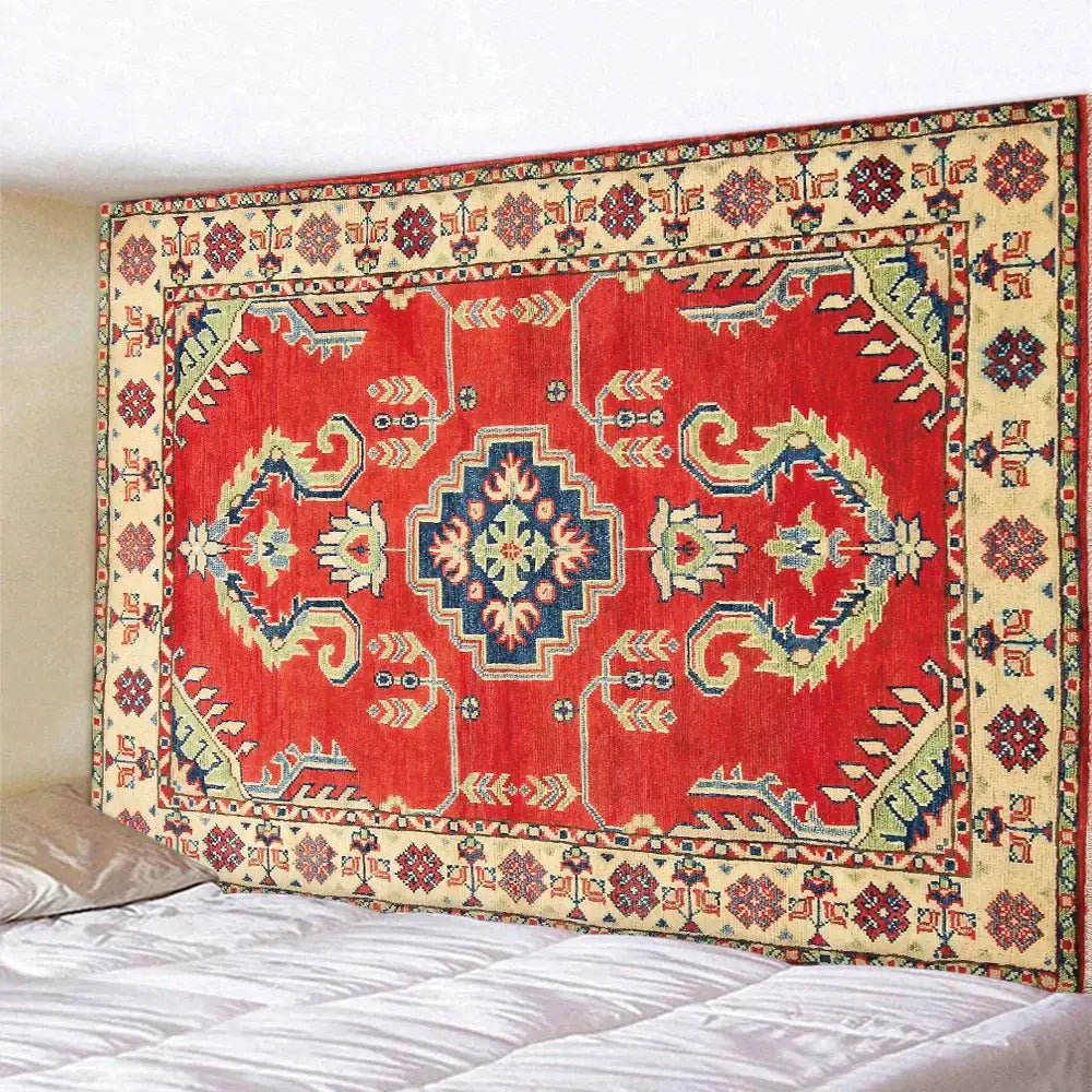 Vibrant red and gold decorbites boho tapestry set with intricate geometric designs for bedroom wall decor